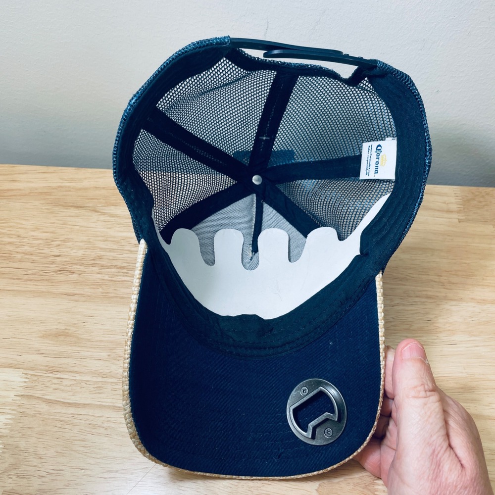 Corona Extra Straw Trucker Hat Navy Mesh Snapback with Built-in Bottle Opener - Picture 9 of 10